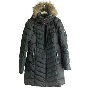 Eddie Bauer Sun Valley Down Parka Puffer Coat Womens M Green Faux Fur Trim Hood